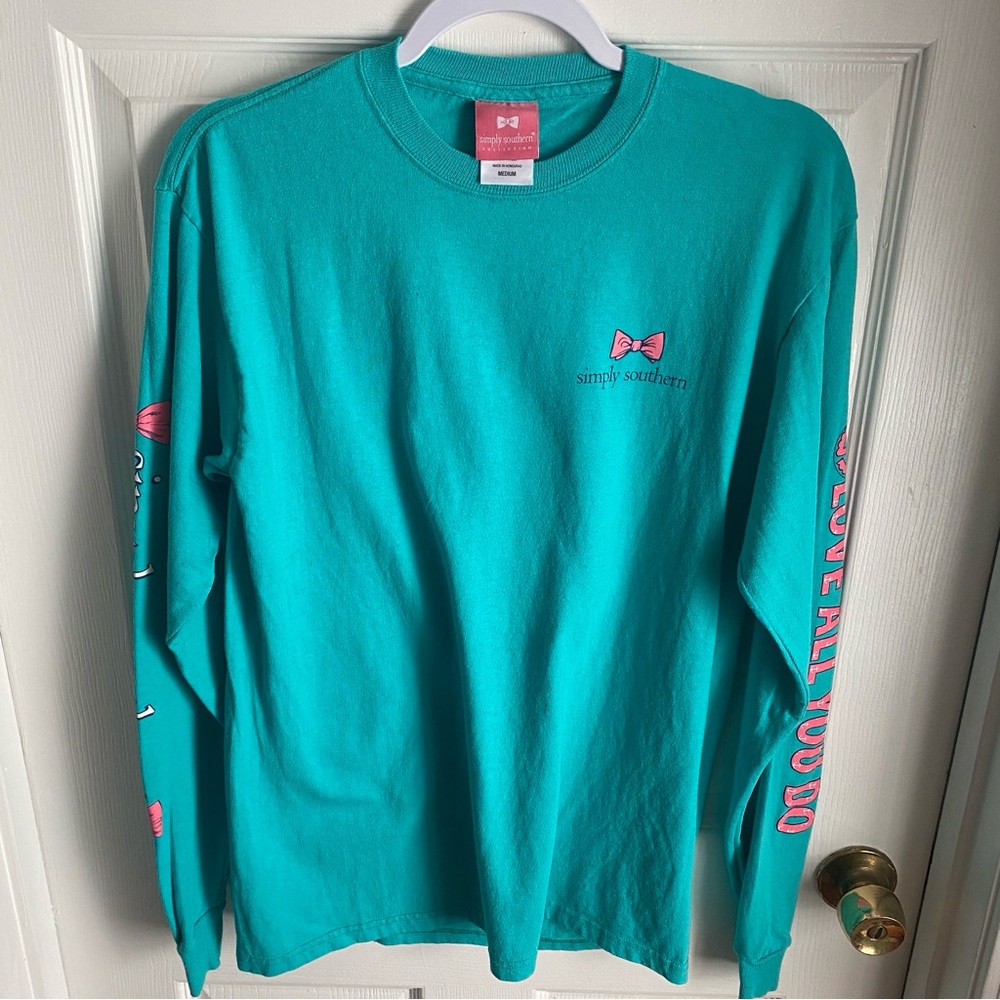 Simply Southern Teal Pink Seahorse Graphic Cotton Long Sleeve T-Shirt Medium